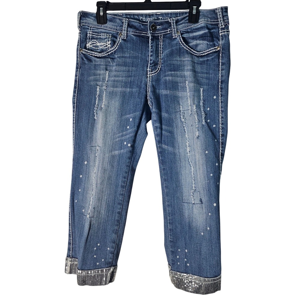 Cowgirl Tuff Co Blue Distressed Sequin Cuff Capri Jeans Thick Stitch Womens 31